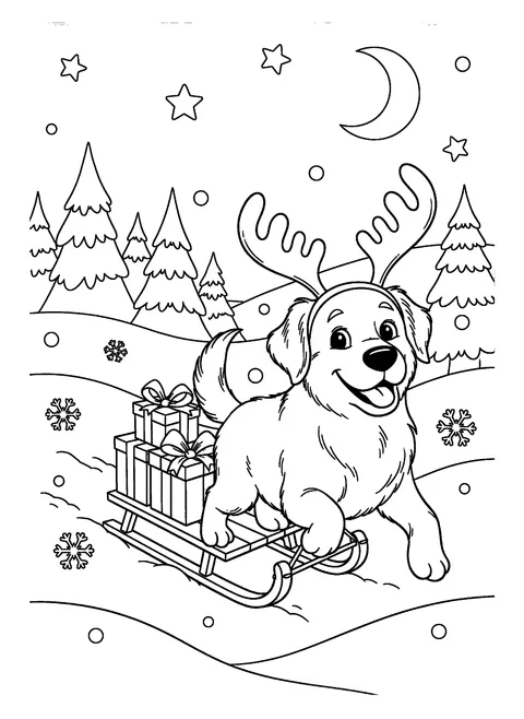 Christmas dog coloring page of a dog in a reindeer-antler headband pulling a sled of presents through the snow, free printable
