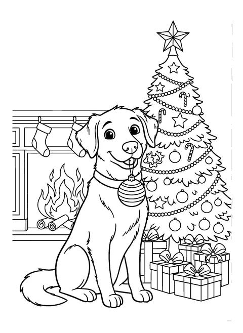 Christmas dog coloring page of a proud dog beside a decorated Christmas tree holding an ornament in its mouth, free printable