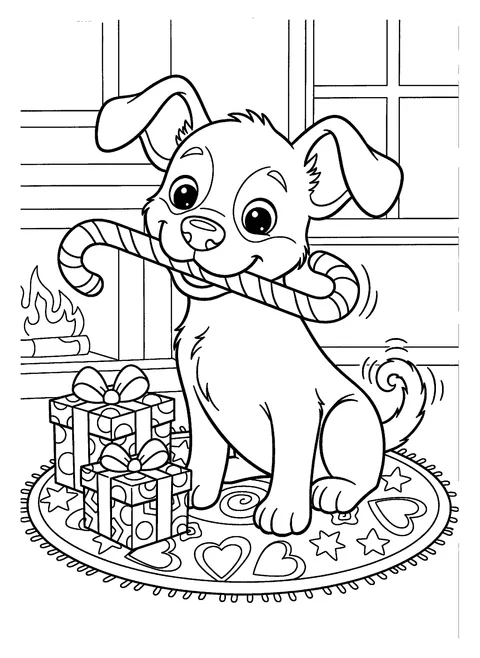 Christmas puppy coloring page of a proud puppy holding a big striped candy cane next to wrapped gifts, free printable