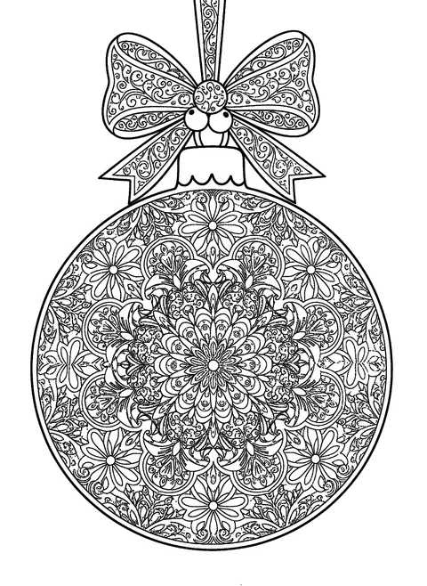 Christmas coloring page for adults of a large ornament filled with intricate mandala and snowflake patterns, free printable