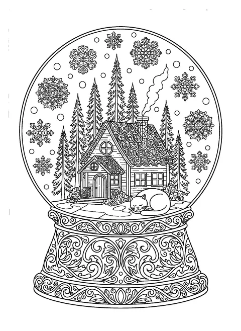 Christmas coloring page for adults of an ornate snow globe holding a tiny cottage with a cat asleep on the porch, free printable