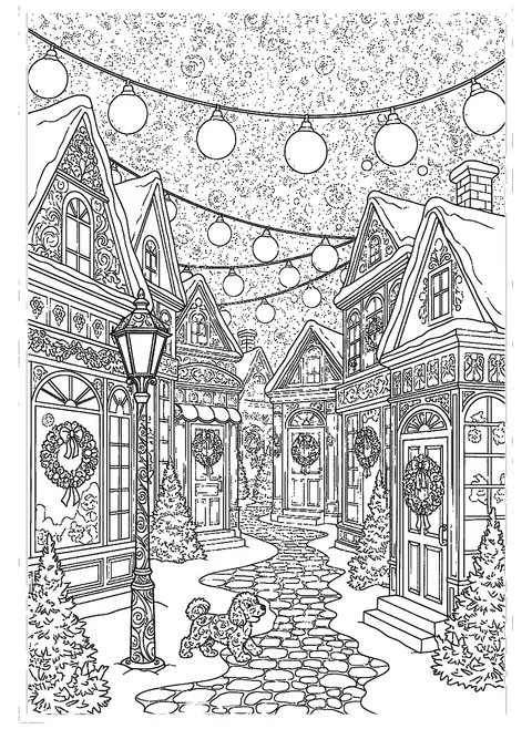 Christmas coloring page for adults of a detailed snowy village street with wreaths, string lights, and a small dog, free printable
