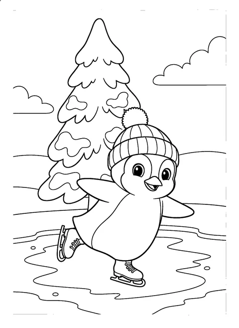 Christmas animal coloring page of a penguin in a pom-pom hat ice skating on a frozen pond, free printable