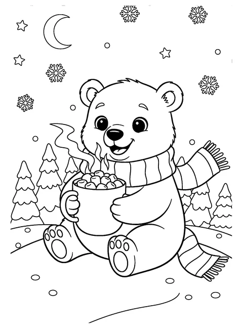 Christmas animal coloring page of a polar bear cub in a scarf holding a mug of hot cocoa with marshmallows, free printable
