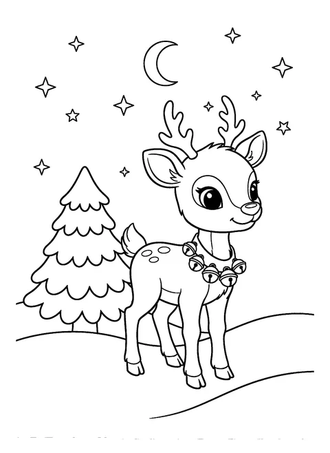 Christmas animal coloring page of a cute young reindeer with a jingle-bell collar standing in the snow, free printable