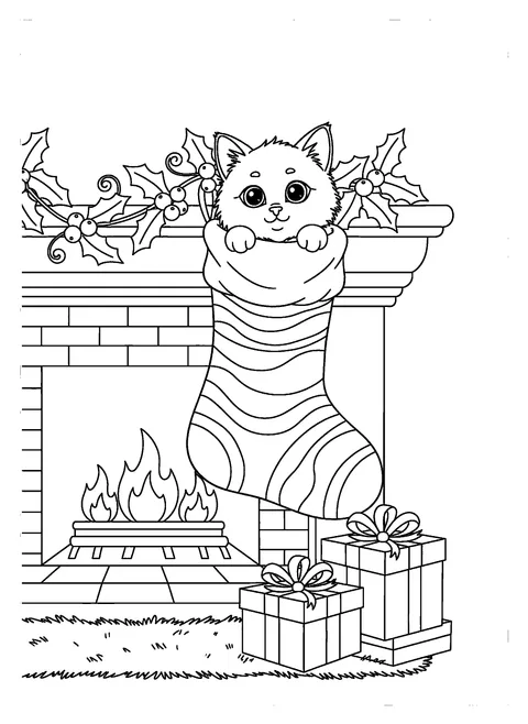 Cute Christmas coloring page of a kitten peeking out of a stocking hung on a fireplace mantel, free printable