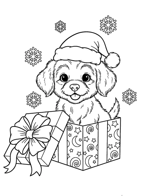 One of 15 free printable Christmas coloring pages: a cute puppy in a Santa hat sitting inside an open gift box