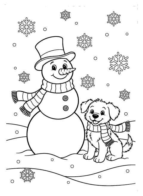 Cute Christmas coloring page of a snowman in a top hat and a puppy in a matching knitted scarf, free printable