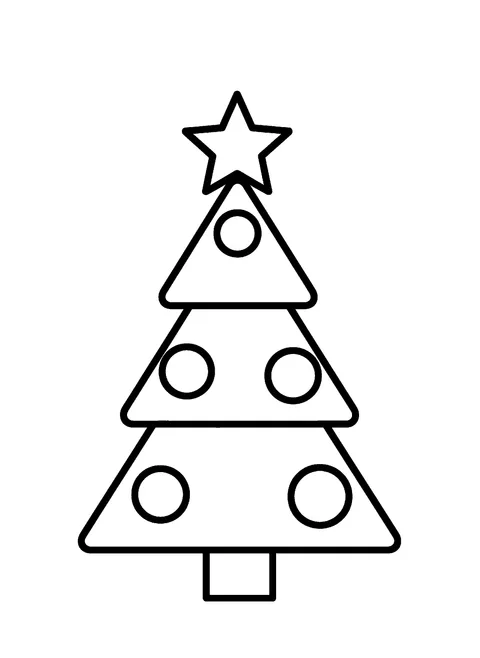 Easy Christmas coloring page for toddlers of a simple Christmas tree with a big star and five round ornaments, free printable
