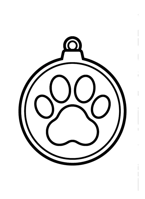 Easy Christmas coloring page of one big round ornament with a paw print in the middle, free printable