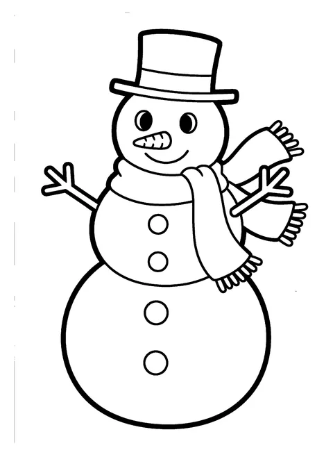 Easy Christmas coloring page of a simple snowman with a top hat, scarf, and stick arms, thick outlines for toddlers, free printable