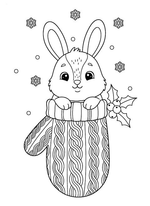 Christmas coloring page of a small bunny snuggled inside a giant knitted mitten with holly, free printable