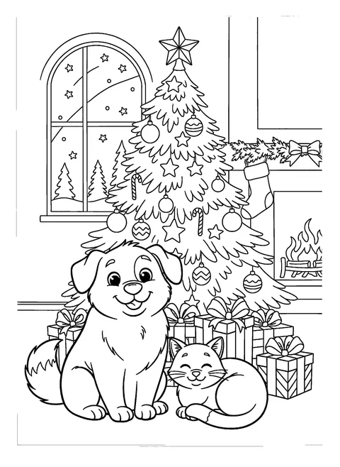 Christmas coloring page of a dog and a cat sitting together in front of a decorated tree with presents, free printable