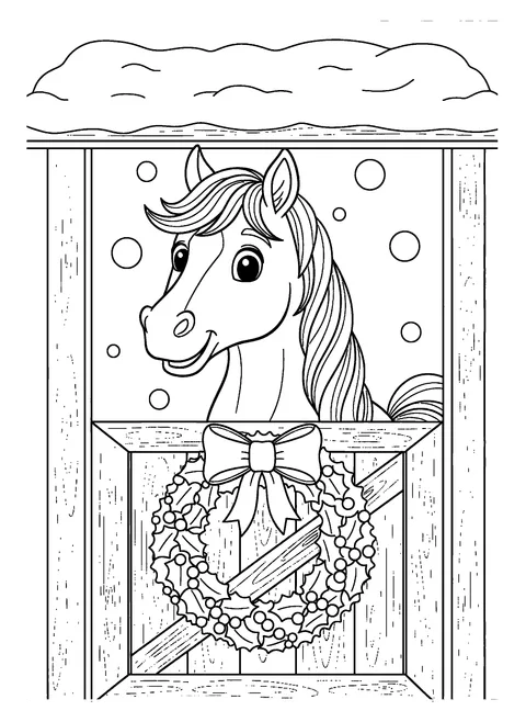 Christmas coloring page of a horse looking over a stable door decorated with a holiday wreath, free printable