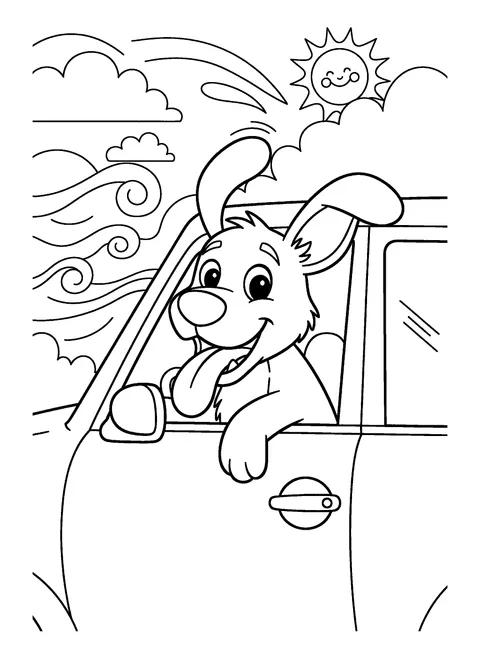 Cute dog coloring page of a happy dog leaning out of a car window with its tongue out, free printable