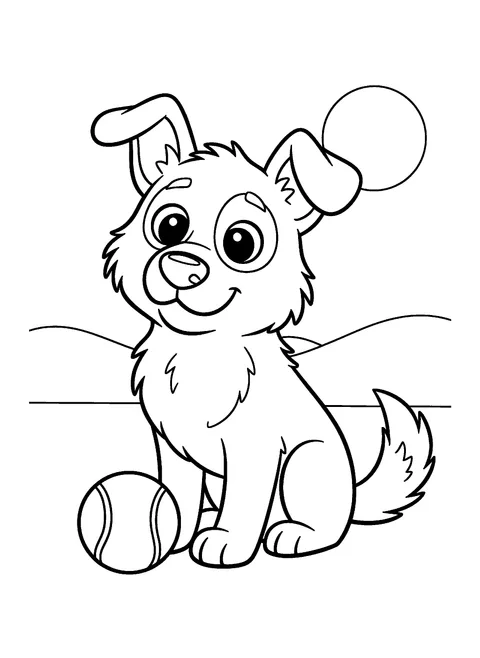 Cute dog coloring page of a puppy-faced dog tilting its head beside a tennis ball, free printable