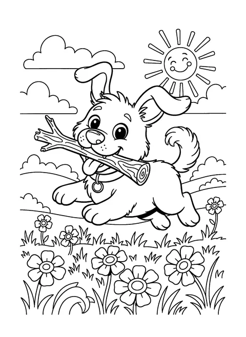 Cute dog coloring page of a dog running with a big stick through a field of flowers, free printable