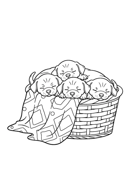 Puppy coloring page of four puppies asleep in a wicker basket with a patterned blanket, free printable