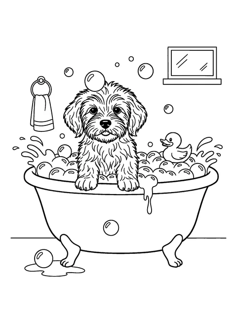 Puppy coloring page of a shaggy puppy in a clawfoot tub full of bubbles with a rubber duck, free printable