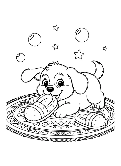 One of 9 free printable dog coloring pages: a fluffy puppy chewing a slipper on a round patterned rug