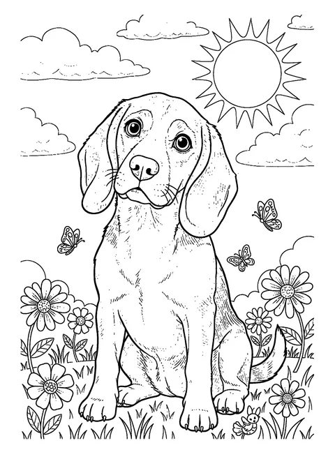 Realistic dog coloring page of a beagle sitting among flowers and butterflies, free printable