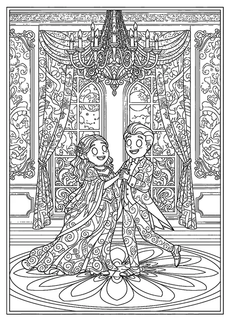 Ghost coloring page for adults with a ghost couple dancing in an ornate ballroom under a chandelier, free printable