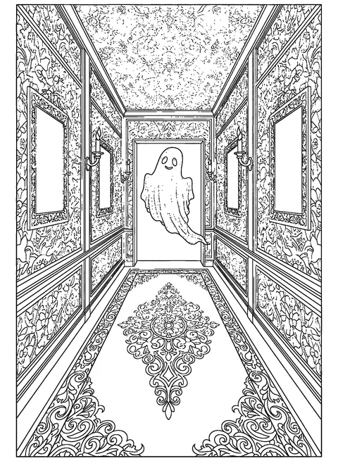 Ghost coloring page for adults with an ornate hallway of portraits and candles and one drifting ghost, free printable