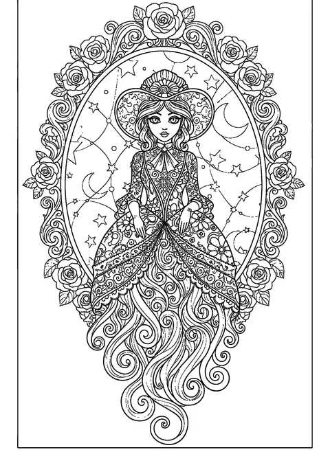 Ghost coloring page for adults with an elegant Victorian lady ghost in an ornate oval frame, free printable