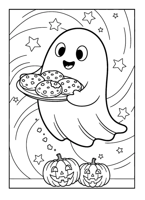One of 9 free printable ghost coloring pages: a smiling ghost holding a plate of cookies with crumbs falling