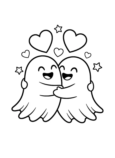 Cute ghost coloring page of two round ghosts hugging with hearts and stars above, free printable