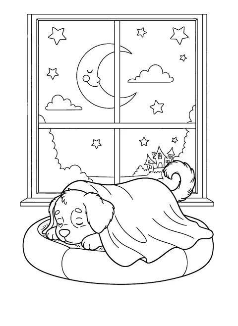 Cute ghost coloring page of a puppy asleep under a little sheet with ears and tail sticking out, free printable