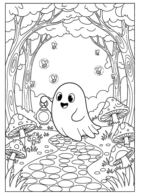 Ghost coloring page for kids of a ghost carrying a lantern along a forest path with mushrooms and fireflies, free printable