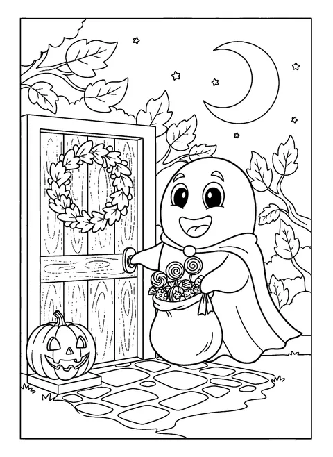 Ghost coloring page for kids of a happy ghost with a candy bag ringing a doorbell, free printable