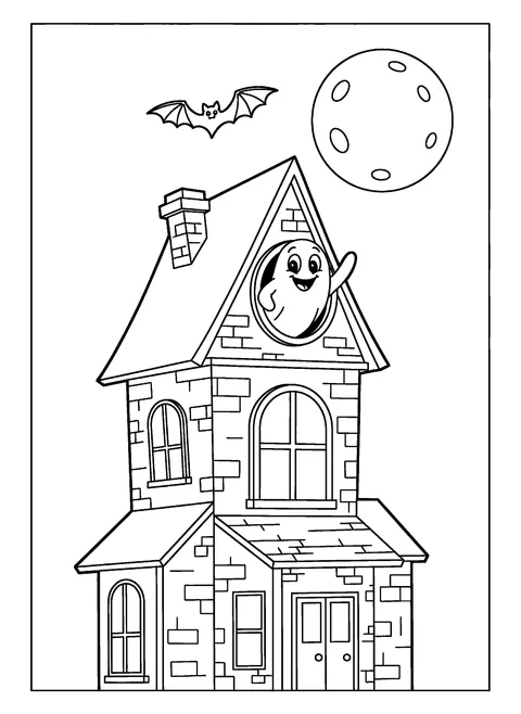 Ghost coloring page for kids of a friendly ghost waving from an attic window under a full moon, free printable