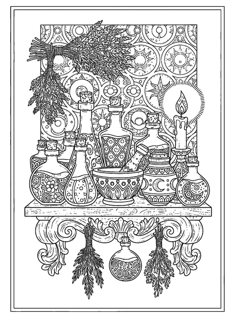 Halloween coloring page for adults with ornate potion bottles, jars, herbs, and a lit candle on a shelf, free printable