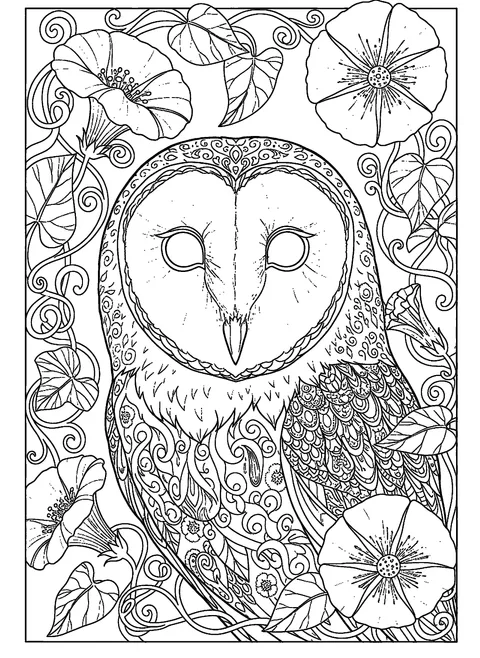 Halloween coloring page for adults with a close-up barn owl face framed by moonflower vines, free printable