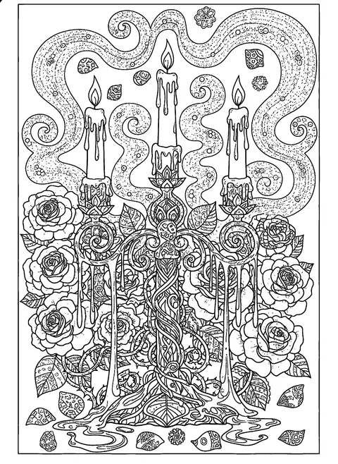 Halloween coloring page for adults with a gothic candelabra, dripping candles, and ornate roses, free printable