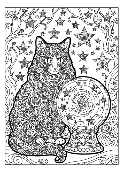 Halloween coloring page for adults with an ornate cat gazing into a crystal ball surrounded by stars, free printable