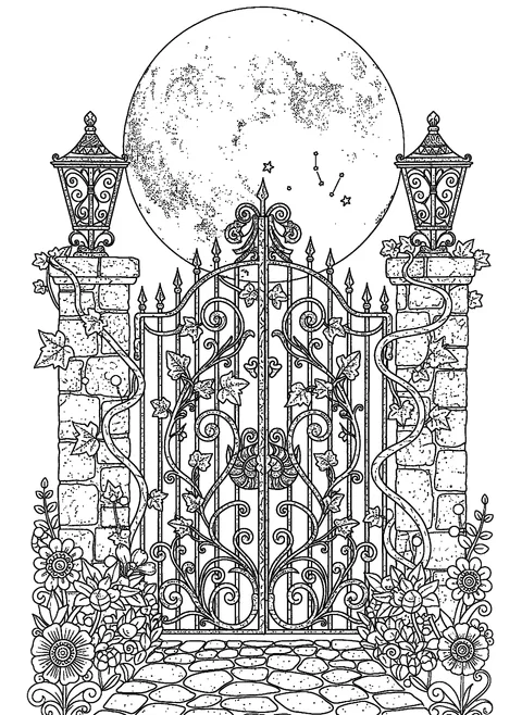 Halloween coloring page for adults with an ornate wrought-iron gate, ivy, lanterns, and a rising moon, free printable
