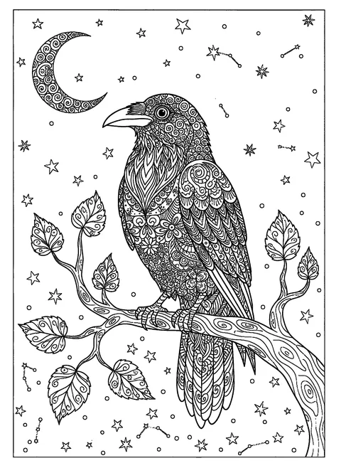 Halloween coloring page for adults with a patterned raven on a gnarled branch under a crescent moon, free printable