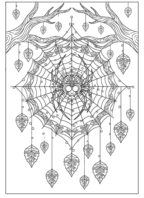 Halloween coloring page for adults with an ornate spider web strung between two branches, dew drops, and patterned falling leaves, free printable