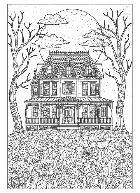 Intricate Victorian haunted mansion coloring drawing for adults