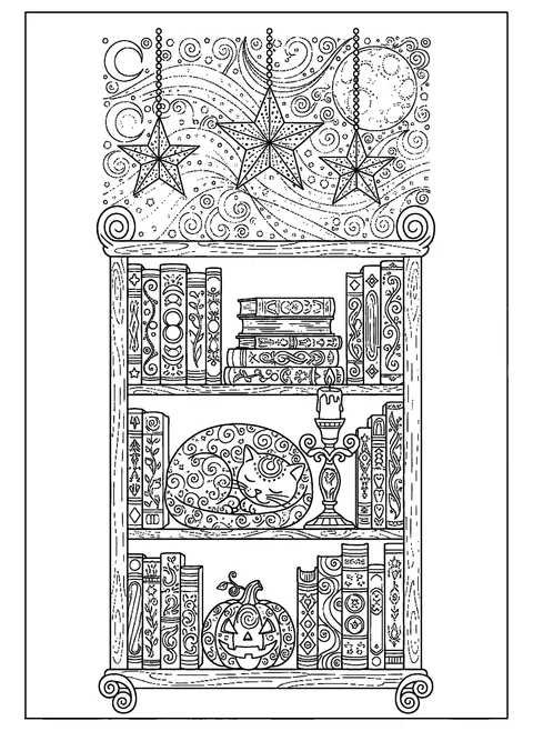 Halloween coloring page for adults with a bookshelf of spellbooks and a sleeping cat on the middle shelf, free printable