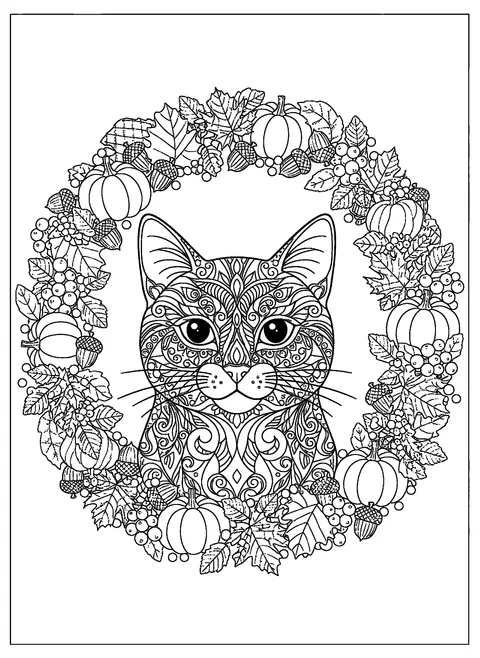 Halloween cat coloring page for adults with a detailed cat portrait framed by a wreath of leaves, pumpkins, and acorns, free printable