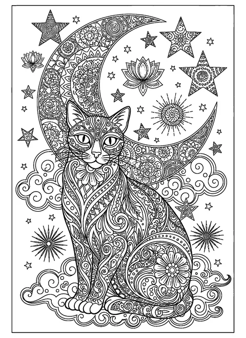 Halloween cat coloring page for adults with an ornate cat in front of a mandala-patterned crescent moon, free printable