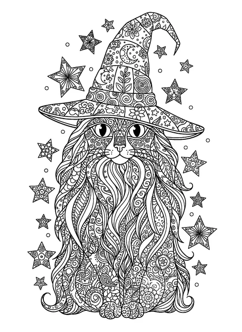 Halloween cat coloring page for adults with a long-haired cat in a decorated witch hat and zentangle fur patterns, free printable