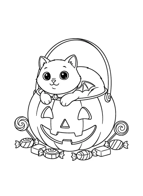 Black cat Halloween coloring page of a cat sitting inside a jack-o'-lantern candy bucket with wrapped candies spilling out, free printable