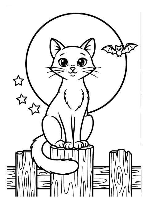 Black cat Halloween coloring page of a sleek cat sitting on a fence post under a full moon, drawn as an open outline, free printable