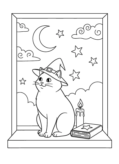 Black cat Halloween coloring page of a cat in a small witch hat sitting on a windowsill beside a candle and spellbook, free printable