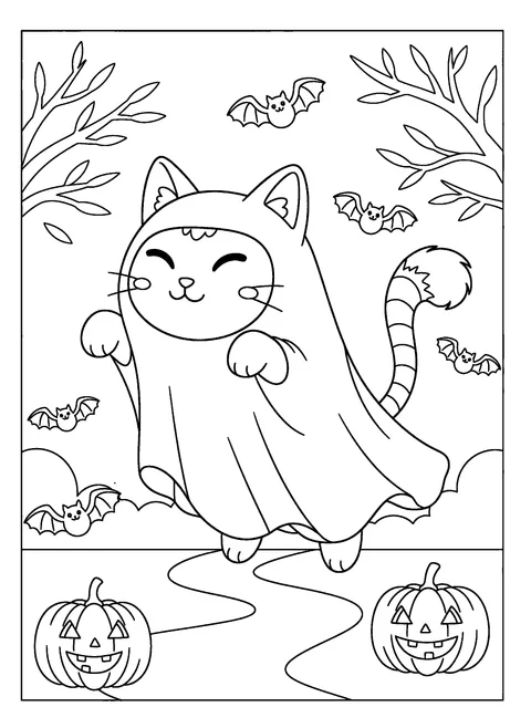 Cute Halloween cat coloring page of a cat in a ghost sheet costume with ears and tail poking out, free printable